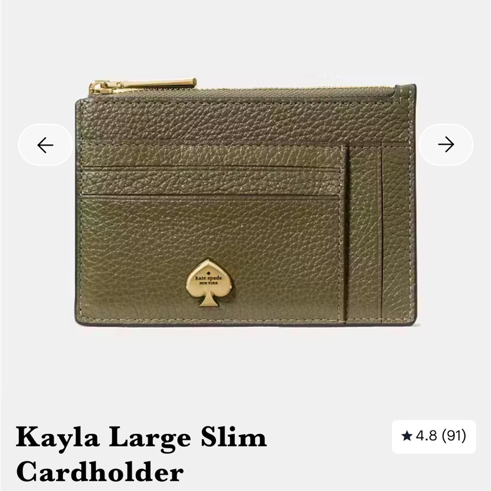 NEW kate spade Olive Green Leather Slim Card Holder Wallet Gold Spade Logo